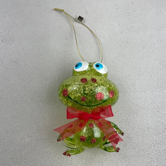 Glass Polka Dot Frog Ornament NIB Holiday Christmas Green/Red Glitter Amphibian - Picture 1 of 5